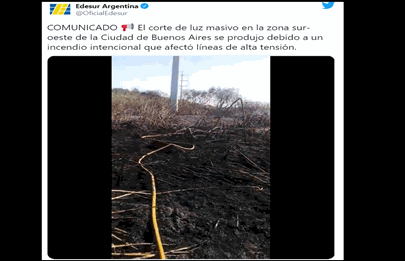 La empresa Edesur denuncia que un atentado provocó el apagón