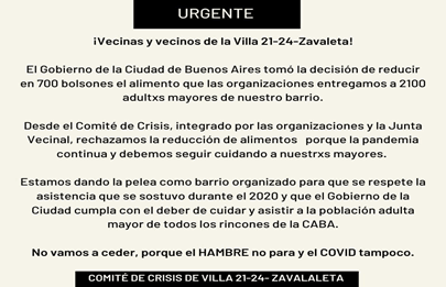 Denuncian reducción de la asistencia alimentaria en el barrio Zavaleta