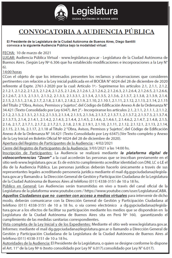 CONVOCATORIA A AUDIENCIA PÚBLICA / 10 DE MARZO DE 2021