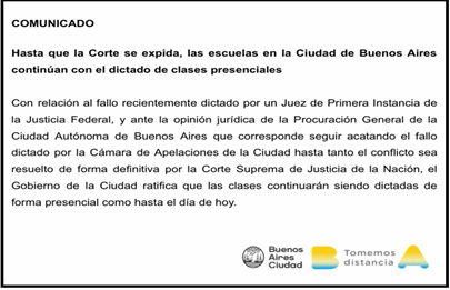 GCBA: “Hasta que la Corte se expida, continúan las clases presenciales”