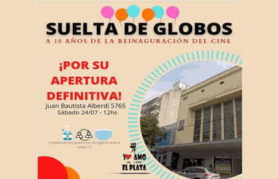 Suelta de globos a 10 años de la reinauguración del cine El Plata