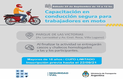 Últimos cupos para la capacitación en conducción segura para trabajadores en moto en la Comuna 8