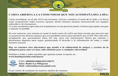 La Milagrosa: Carta abierta a la comunidad que nos acompaña día a día