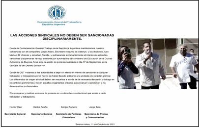 La CGT se solidarizó con los docentes de Soldati sumariados por el ministerio