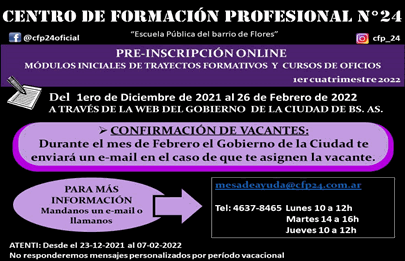 Inscripción para cursos y trayectos formativos en el CFP 24 de Flores