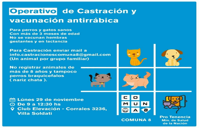 Se realizará una jornada de vacunación de mascotas en la comuna 8