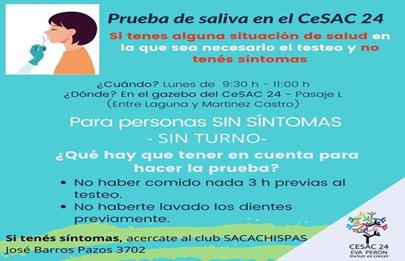 Coronavirus: Vuelve el Test de saliva al CeSAC 24 del Villa Soldati