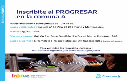 Habilitan lugares de inscripción al Progresar en la Comuna 4