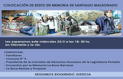 Colocación de busto en memoria de Santiago Maldonado en La Boca