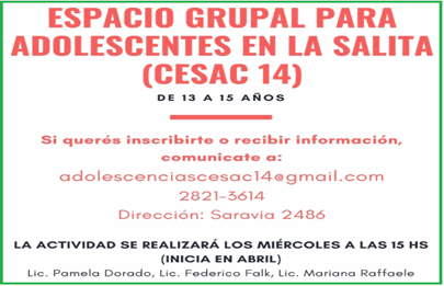 Espacio grupal para adolescentes en el CeSAC n°14 de Cildañez