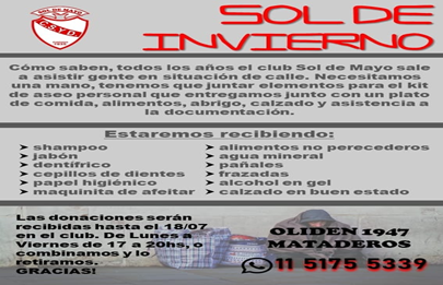 El club Sol de Mayo recibe donaciones