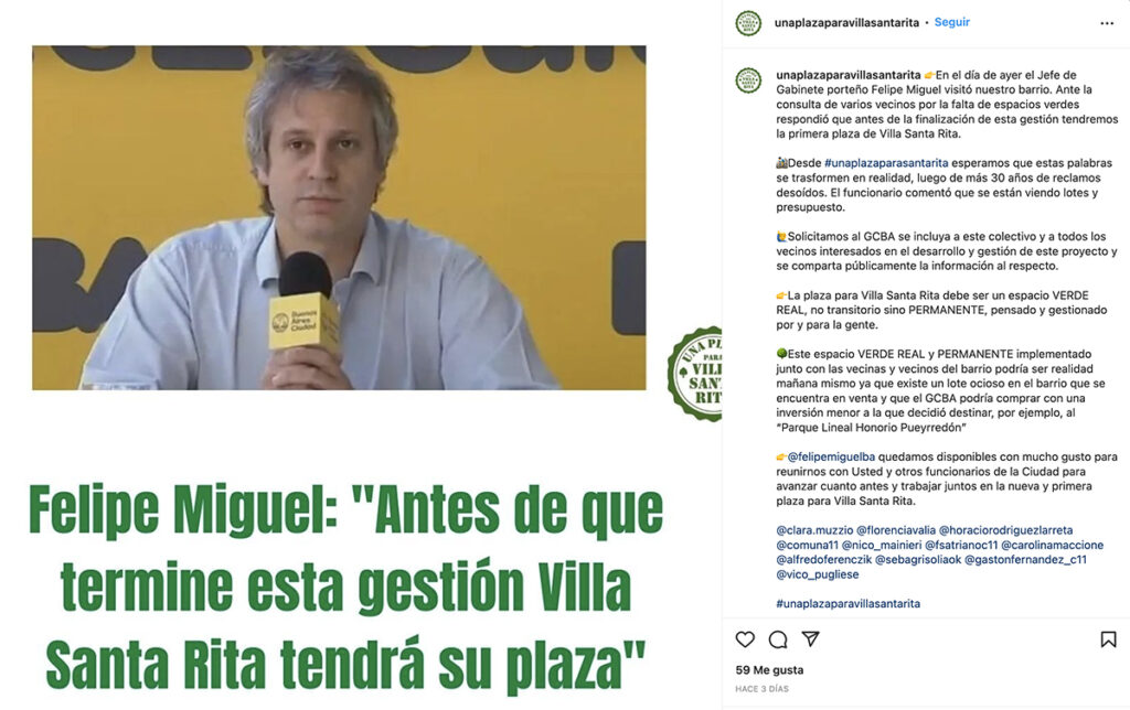 Felipe Miguel: “Antes que termine esta gestión Villa Santa Rita tendrá su plaza”