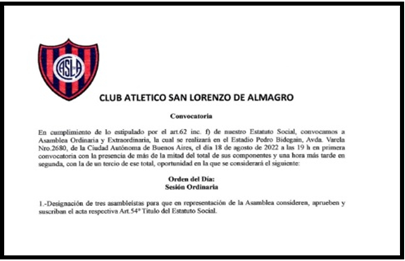 Convocan a Asamblea de Representantes en el Nuevo Gasómetro