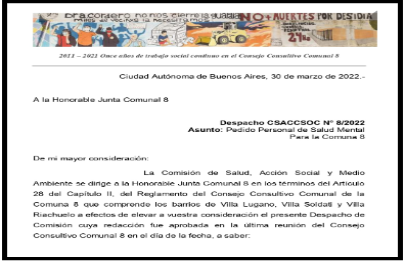 Pedido de Personal de Salud Mental para la Comuna 8