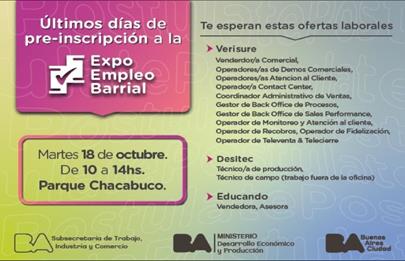 Últimos días de pre-inscripción a la Expo Empleo Barrial en Parque Chacabuco