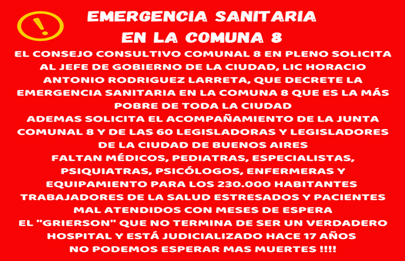 Comunicado Emergencia Sanitaria en la Comuna 8