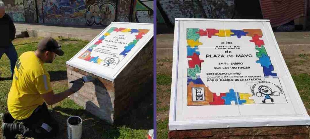 Parque de la Estación: repusieron la placa en homenaje a las Abuelas de Plaza de Mayo