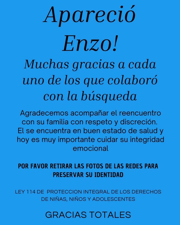 Apareció Enzo el adolescente intensamente buscado