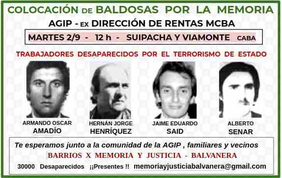 Barrios x Memoria y Justicia Balvanera colocó una baldosa en recuerdo de trabajadores de AGIP desaparecidos