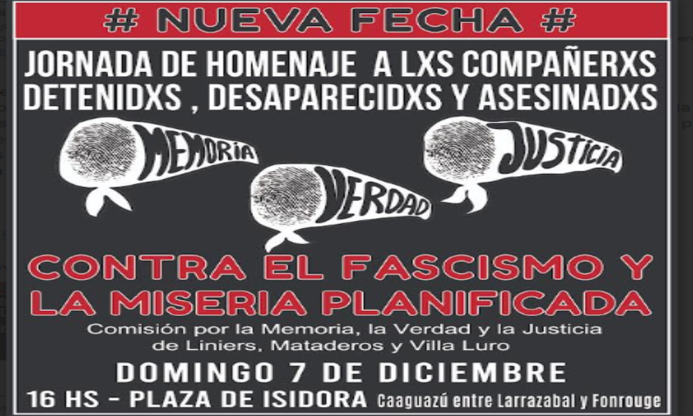Nueva fecha: Homenaje en Plaza Isidora de la Comisión por la Memoria de Liniers Convoca contra Fascismo y Miseria
