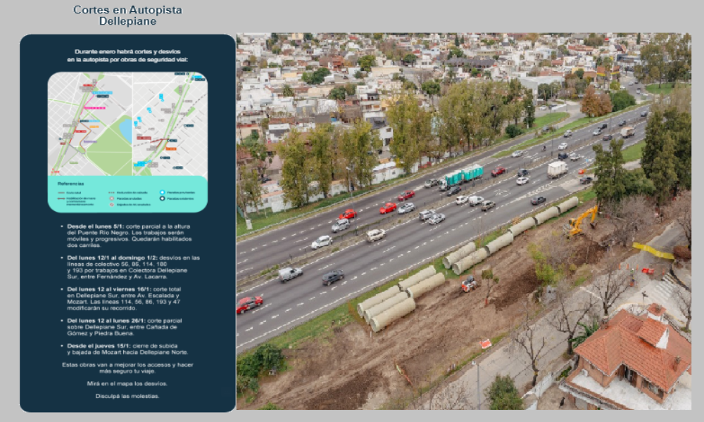 Autopista Dellepiane: cortes y desvíos desde este lunes por obras clave en el sur porteño