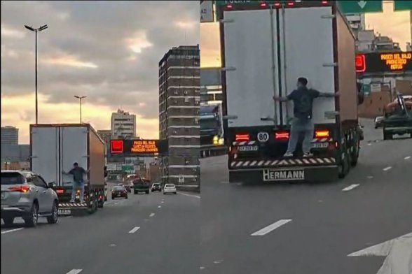Un hombre fue visto colgado de un camión en plena autopista 25 de Mayo